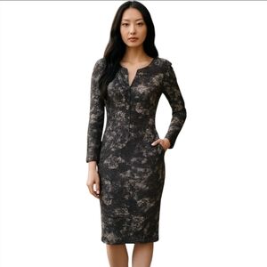 Ann Taylor Classic Dress Black & Cream Lace Patterned Long Sleeve Zip-Up Size 8